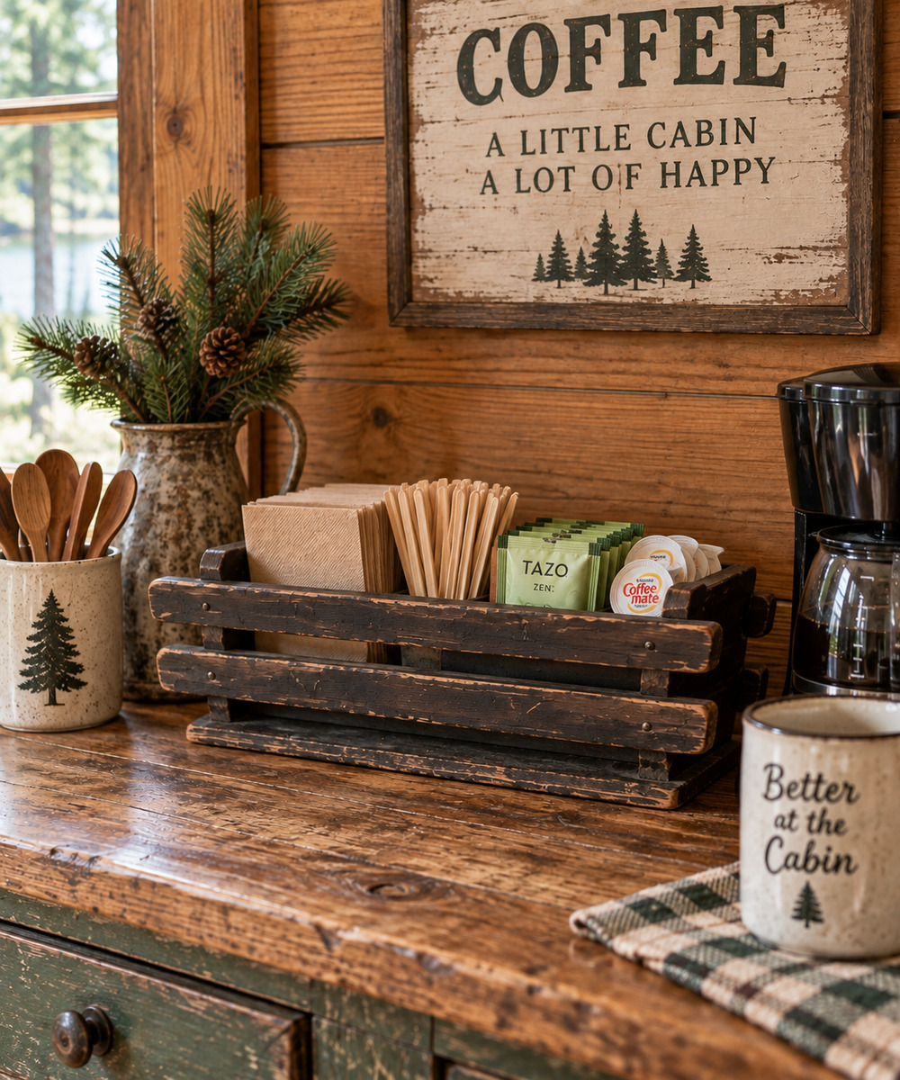 Vintage 50s Wooden Caddy Box Coffee Bar Storage Rustic Farmhouse Cabin Cottage